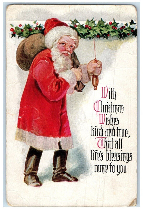 c1910s Christmas Wishes Santa Claus Sack Of Toys Holly Berries Embossed Postcard