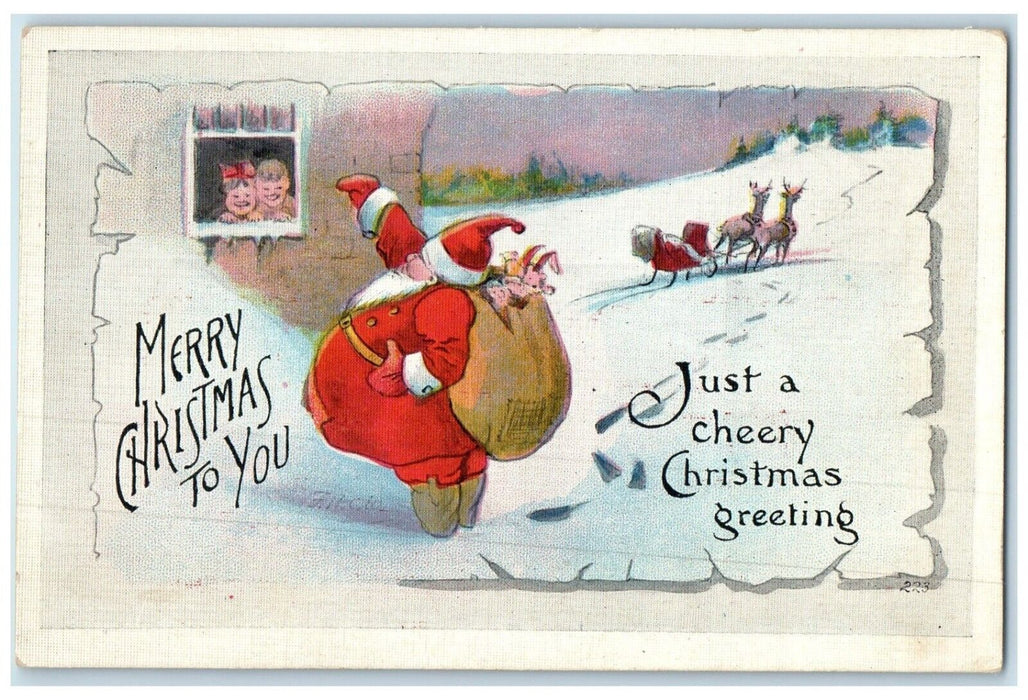 c1910's Christmas Greeting Fat Santa Claus Sack Of Toys Reindeer Postcard