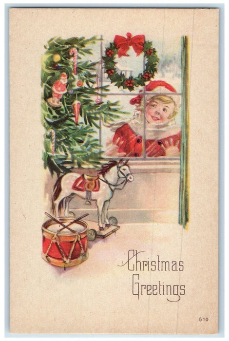 c1910's Christmas Greetings Boy Santa On Window Whreat Toys Antique Postcard