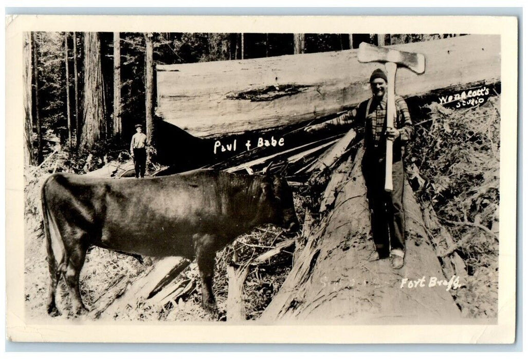 c1930's Exaggerated Paul Bunyon Babe Ox Axe Fort Bragg CA RPPC Photo Postcard