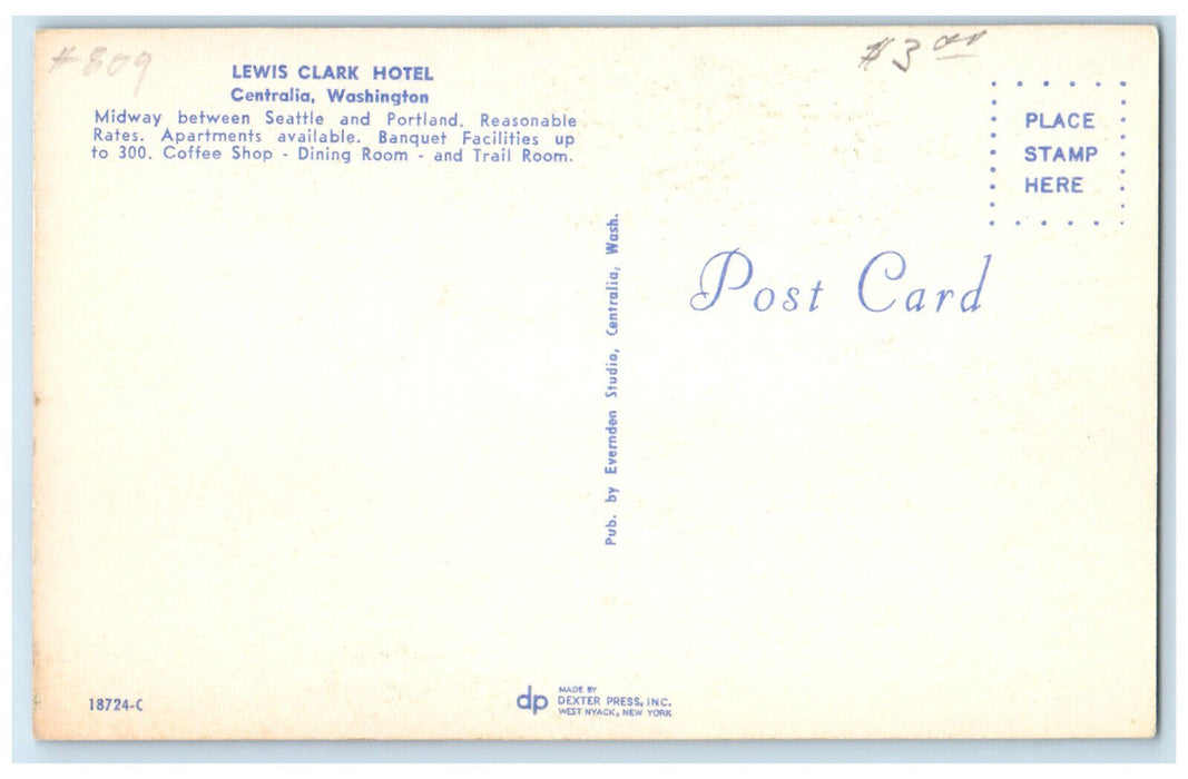 c1950's Coffee Shop Trail Room Lewis Clark Hotel Centralia Washington Postcard