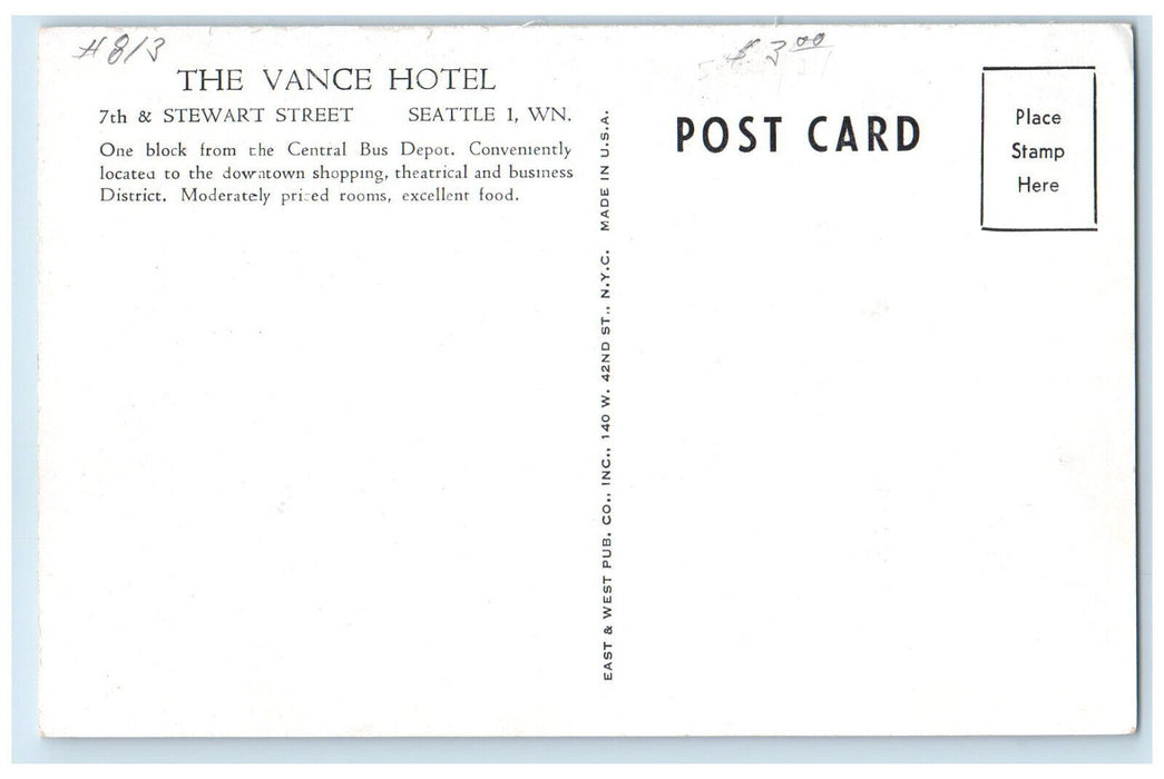 c1950's Lobby View The Vance Hotel Seattle Washington WA Vintage Postcard