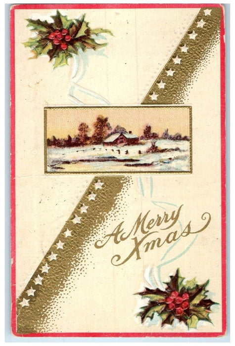 1917 Christmas Holly Berries House Winter Tied Seal Embossed Antique Postcard