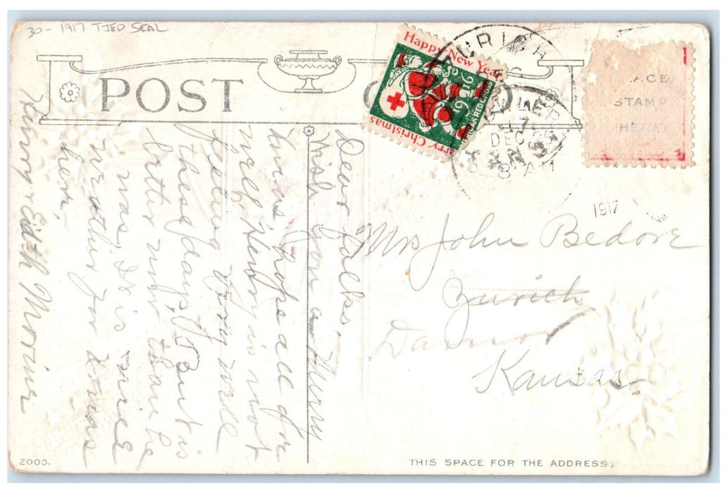1917 Christmas Holly Berries House Winter Tied Seal Embossed Antique Postcard