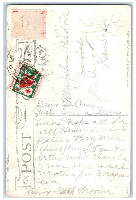 1917 Christmas Holly Berries House Winter Tied Seal Embossed Antique Postcard