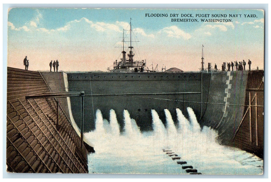 c1910 Flooding Dry Dock Puget Sound Navy Yard Bremerton Washington WA Postcard