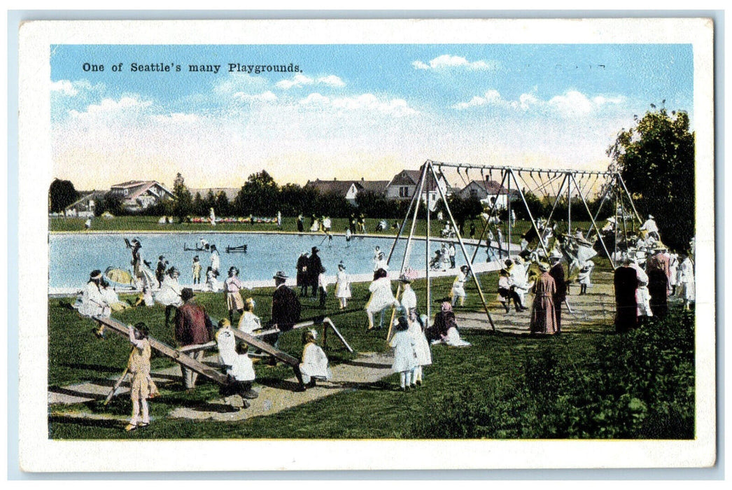 c1920's Scene of Kids Parents in Playground Seattle Washington WA Postcard