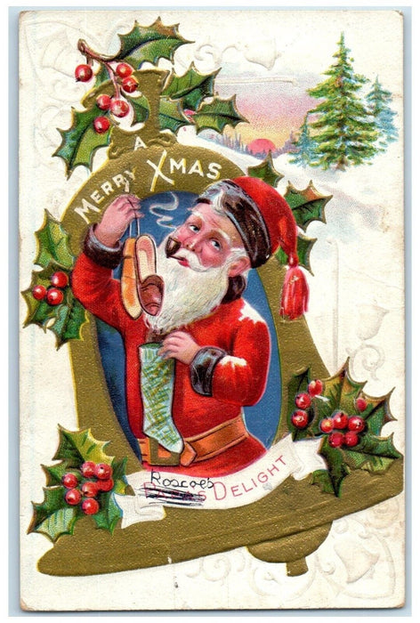 Christmas Ringing Bell Santa Claus Smoking Pipe Holly Berries Embossed Postcard