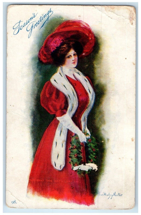 c1905 Season's Greetings Pretty Woman Big Hat Stuttgart Kansas KS Postcard