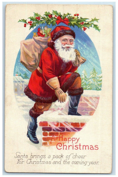 1925 Christmas Santa Claus Chimney Sack Of Toys Holly Berries Winter Postcard