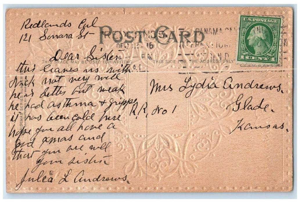 c1910's Christmas Holly Berries Winter Embossed Glade Kansas KS Antique Postcard