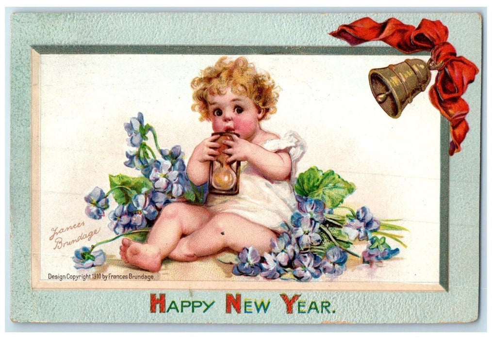 1911 New Year Little Girl Hourglass Flowers Brundage Ringing Bells Postcard