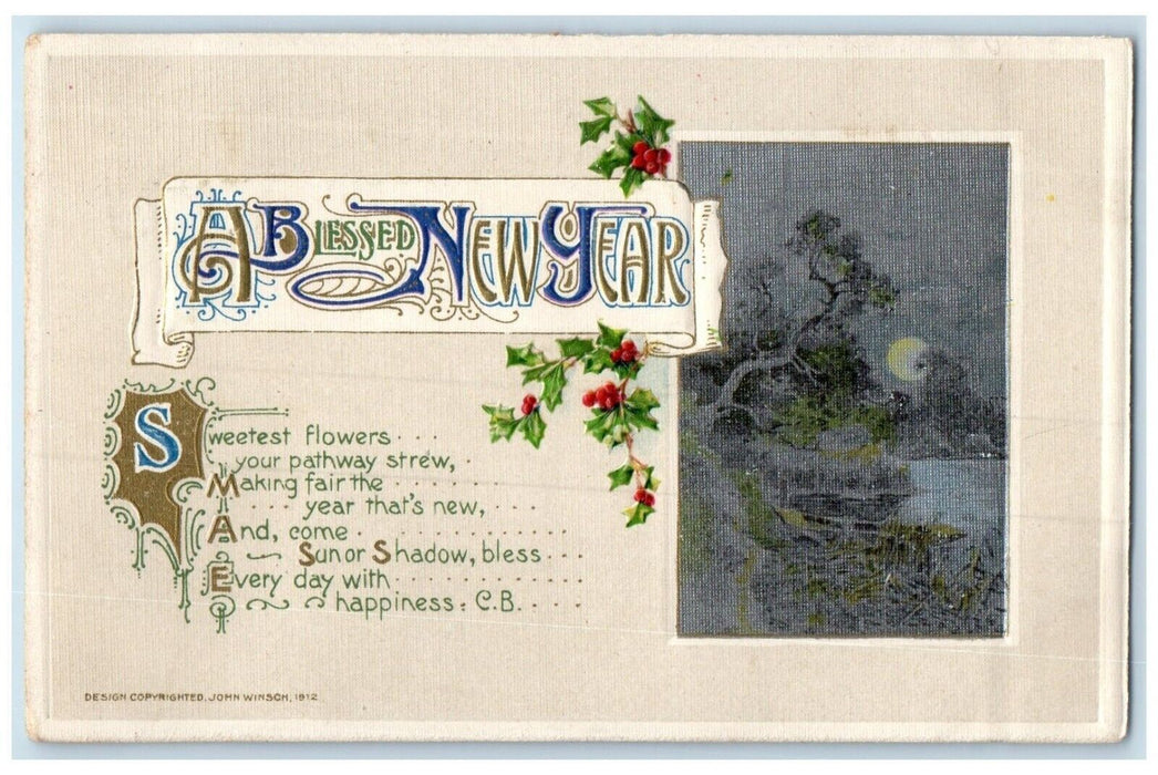 1908 New Year Holly Berries John Winsch Moon Scene Artist Signed Posted Postcard