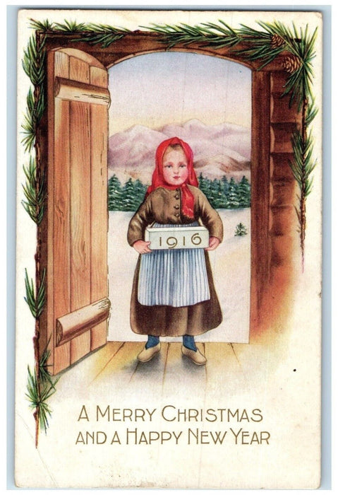 c1910's Christmas New Year Girl Holding Gift Pine Cone Embossed Antique Postcard