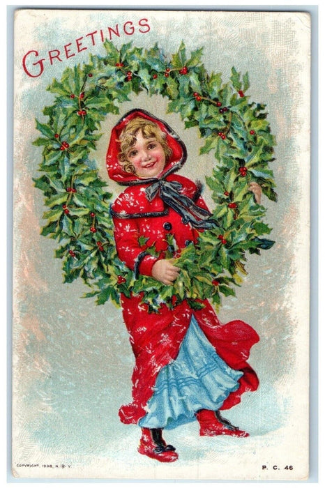 1910 Christmas Greetings Holly Berries Whreat Woman Boone Iowa IA Postcard