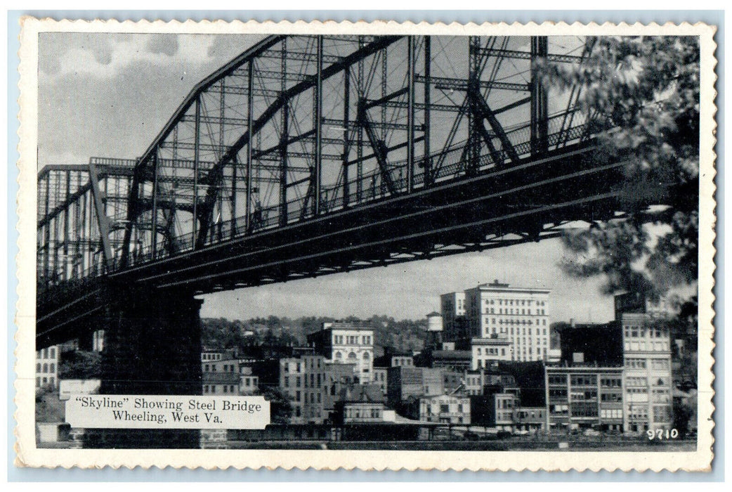 c1940's Skyline Showing Steel Bridge Wheeling West Virginia WV Postcard