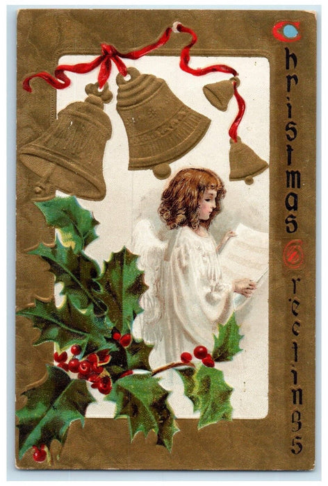 1910 Christmas Greetings Ringing Bells Angel Holly Berries Embossed Postcard