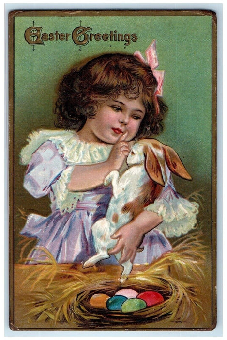 c1910's Easter Greetings Little Girl Rabbit Eggs Nest Embossed Antique Postcard