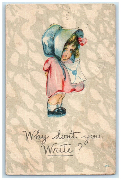1916 Sad Little Girl Why Don't You Write Manchester Kansas KS Antique Postcard
