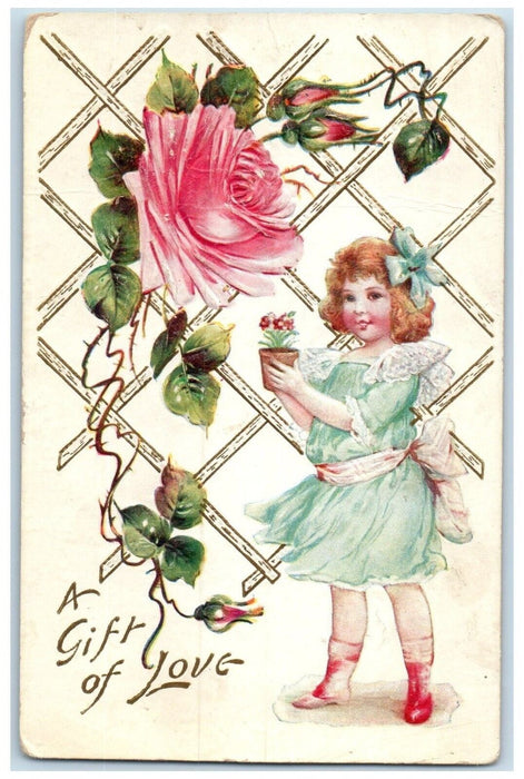 c1910's Valentine Girl With Flowers Pot Gift Of Love Embossed Antique Postcard