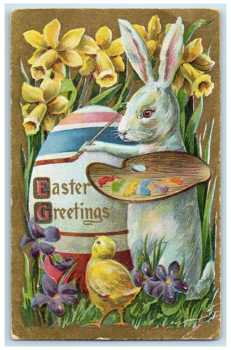 1910 Easter Greeting Anthropomorphic Rabbit Painter Egg Chick Flowers Postcard