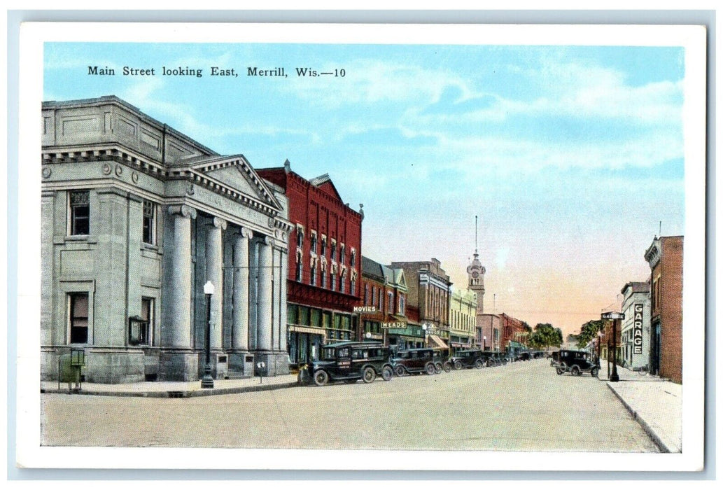 c1920 Main street Looking East Classic Cars Road Merrill Wisconsin WI Postcard