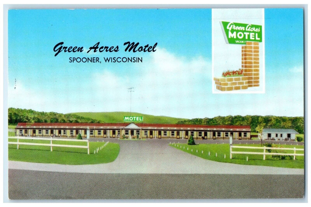 1967 Roadside View  Green Acres Motel Building Spooner Wisconsin Posted Postcard