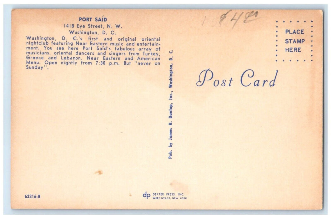 c1960 Dancing Girls Pose Port Said Night Club Instruments Washington DC Postcard