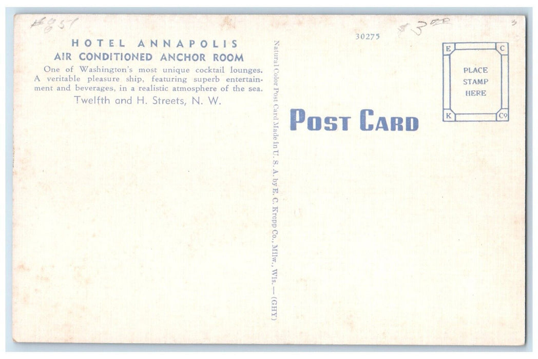 c1940 Interior View Anchor Room Hotel Annapolis Washington DC Antique Postcard