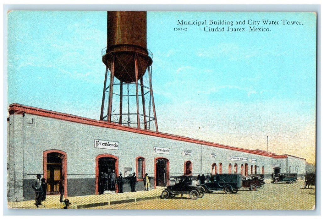 c1910 Municipal Building and City Water Tower Ciudad Juarez Mexico Postcard