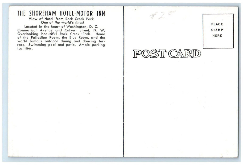 c1960 Exterior Shoreham Hotel Motor Inn Fountain Building Washington DC Postcard