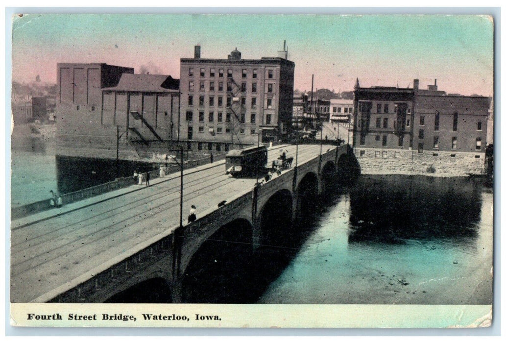 1913 Fourth Street Bridge Exterior Building Streetcar Waterloo Iowa IA Postcard