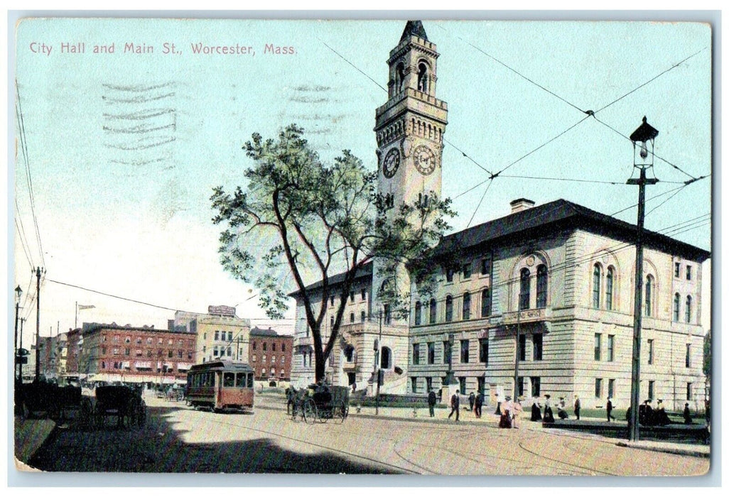 1907 City Hall Main St. Exterior Streetcar Worcester Massachusetts MA Postcard