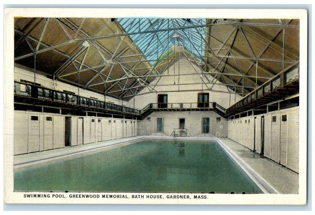 c1920 Swimming Pool Greenwood Memorial Bath House Gardner Massachusetts Postcard