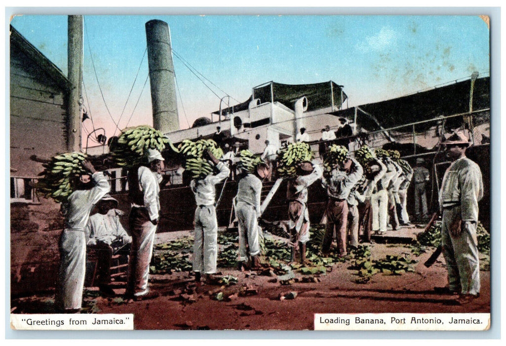 c1910 Loading Banana Port Antonio Jamaica Greetings from Jamaica Postcard