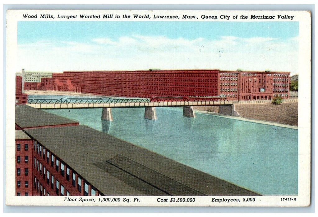 c1940 Wood Mills Largest Worsted Mill World Lawrence Massachusetts MA Postcard