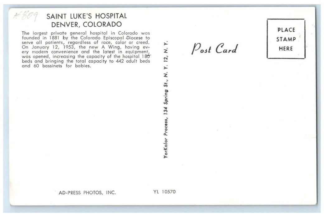 1960 Aerial View Saint Luke's Hospital Building Denver Colorado Antique Postcard