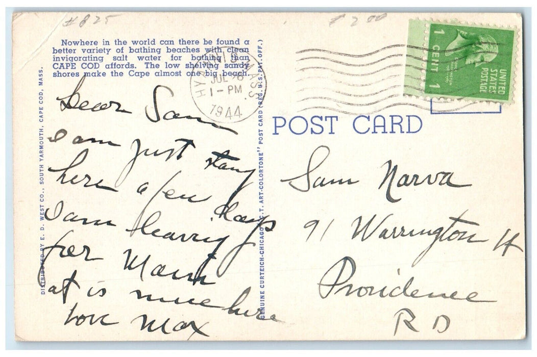 1944 Bathing Beach Craigville Swimsuit Cape Cod Massachusetts Vintage Postcard
