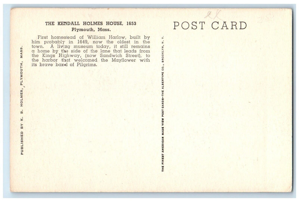 c1910 Kendall Holmes House Interior William Plymouth Massachusetts MA Postcard