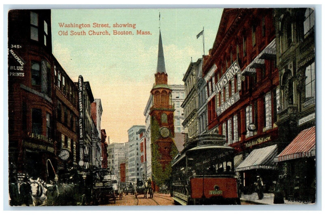 c1910 Washington Street Showing Old South Church Boston Massachusetts Postcard