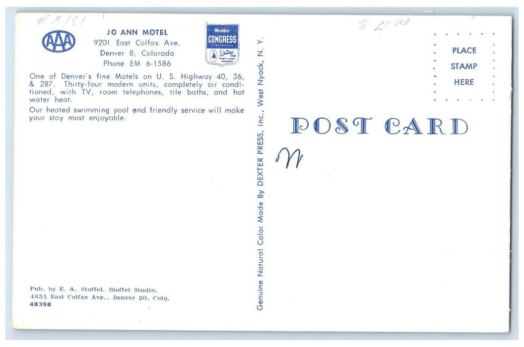 c1960 Bathing Swimming Pool Jo Ann Motel Denver Colorado CO Unposted Postcard