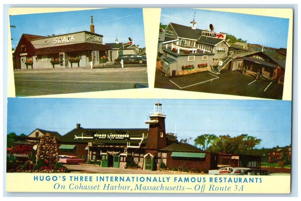 1960 Hugo's Three Internationally Famous Restaurant Cohasset Harbor MA Postcard