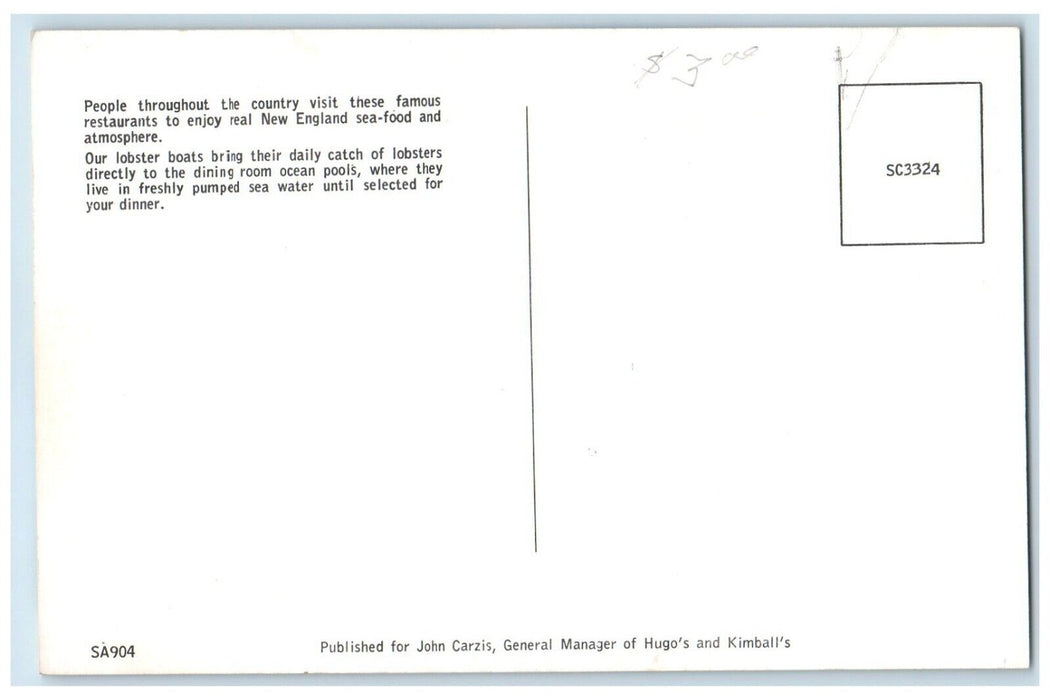 1960 Hugo's Three Internationally Famous Restaurant Cohasset Harbor MA Postcard
