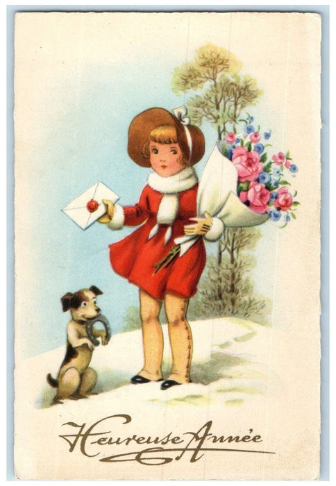 New Year Girl Holding Flowers Bouquet Letter Dog Horseshoe France Postcard