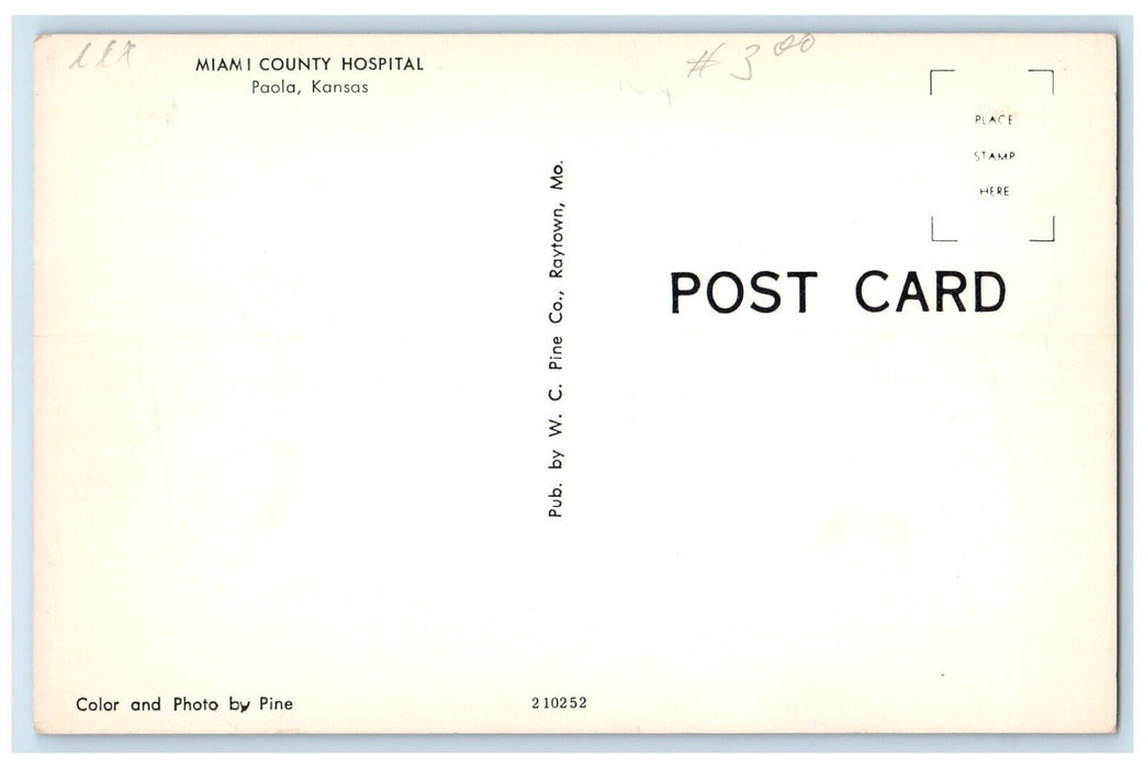 c1960 Miami County Hospital Exterior Building Grass Field Paola Kansas Postcard