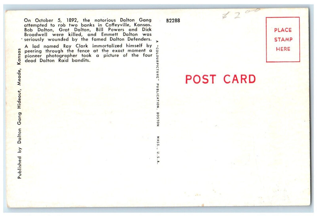 c1940 Dalton Gang Killed Dalton Raid Meade Hide Out Coffeyville Kansas Postcard