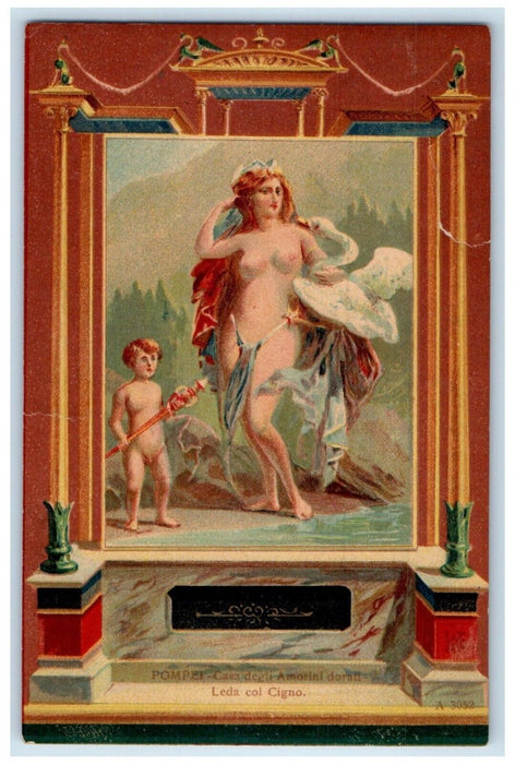 Pompei Italy, Casa Degli Amorini Dorati Leda Col Cigno Nude Woman Postcard