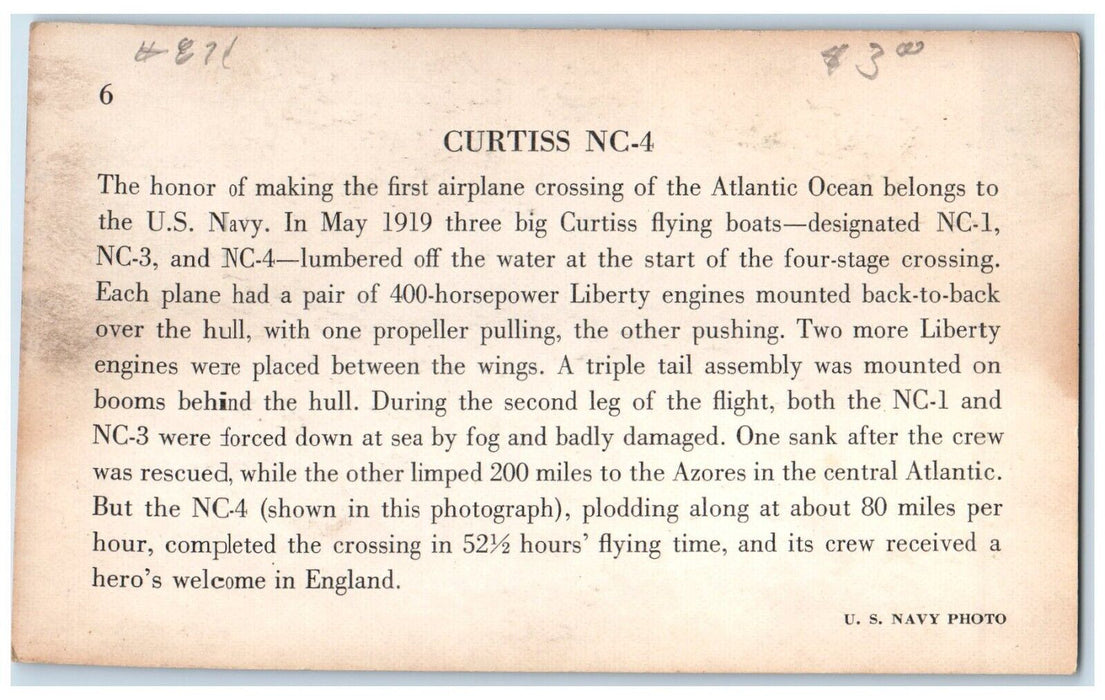 Curtiss NC-4 Airplane Crossing Atlantic Ocean Belongs US Navy Unposted Postcard
