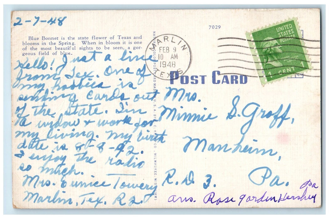 1948 Greetings From Marlin Blue Bonnets Texas State Capitol Texas TX Postcard