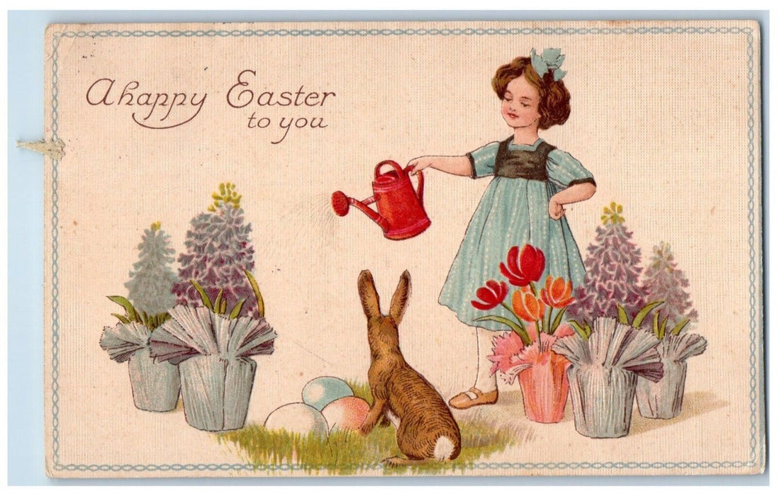 c1910's Happy Easter Girl Watering Can Plants Rabbit Eggs Flowers Postcard